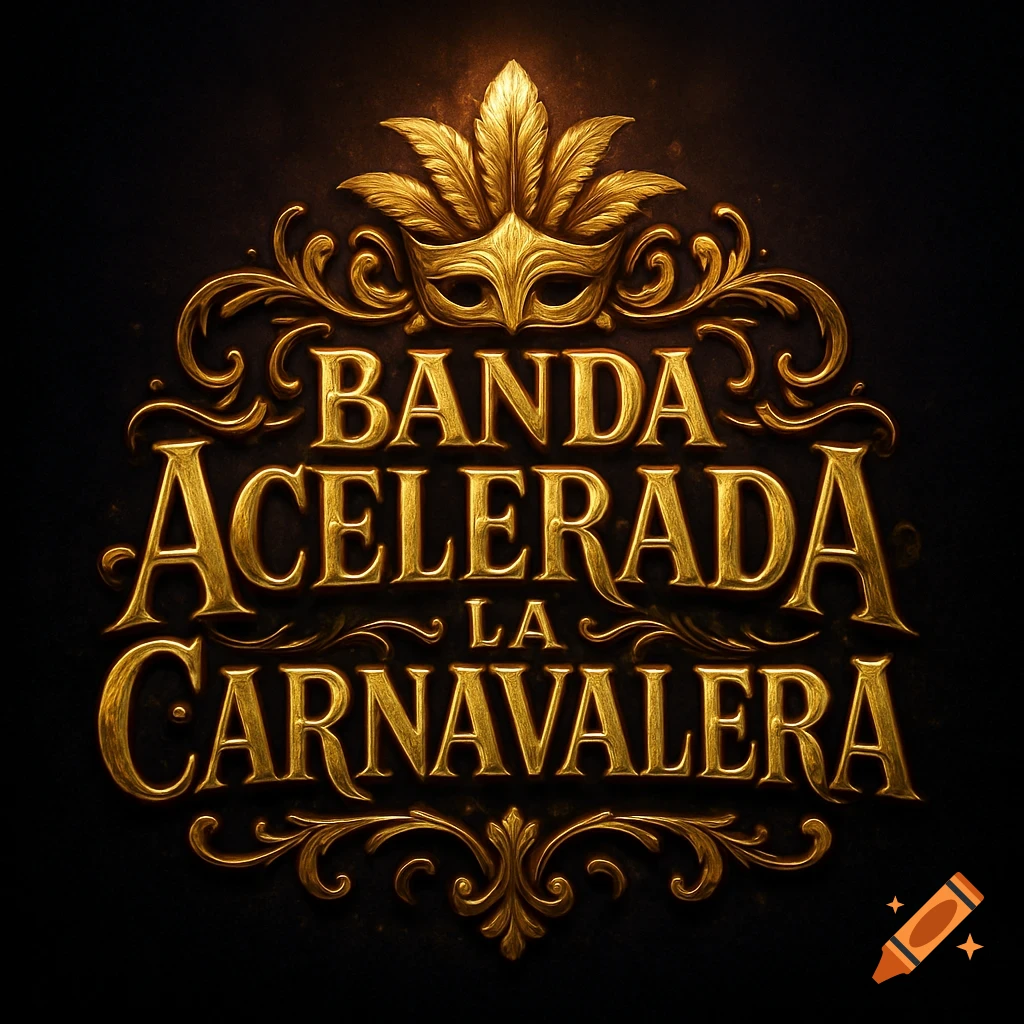 Gold baroque logo with text "Banda Acelerada La Carnavalera" and a carnival mask and feathers above, on a dark background.