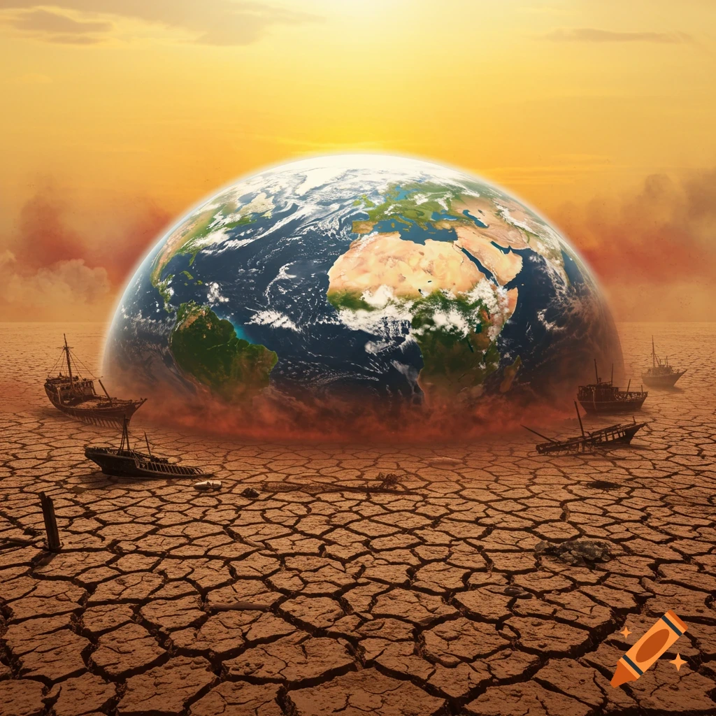 The Earth sits on cracked, dry ground among shipwrecks under a hazy orange sky.