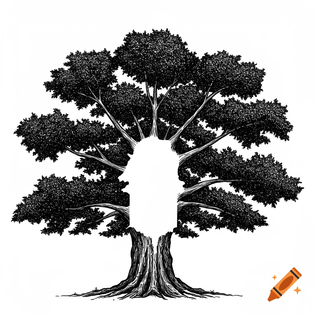 Black and white illustration of a large tree with a void in the center.