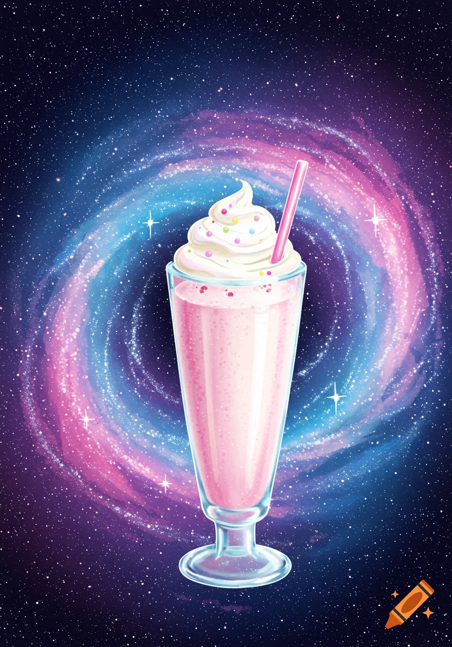 Pink milkshake with whipped cream and sprinkles against a vibrant galaxy background with stars.