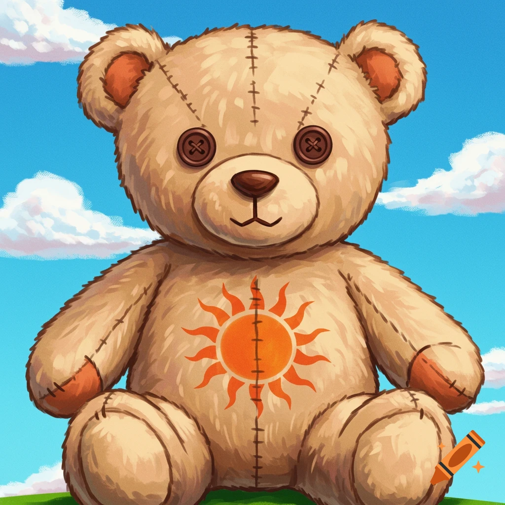 A fluffy teddy bear with button eyes and a bright orange sun symbol on its chest sits against a cloudy blue sky.