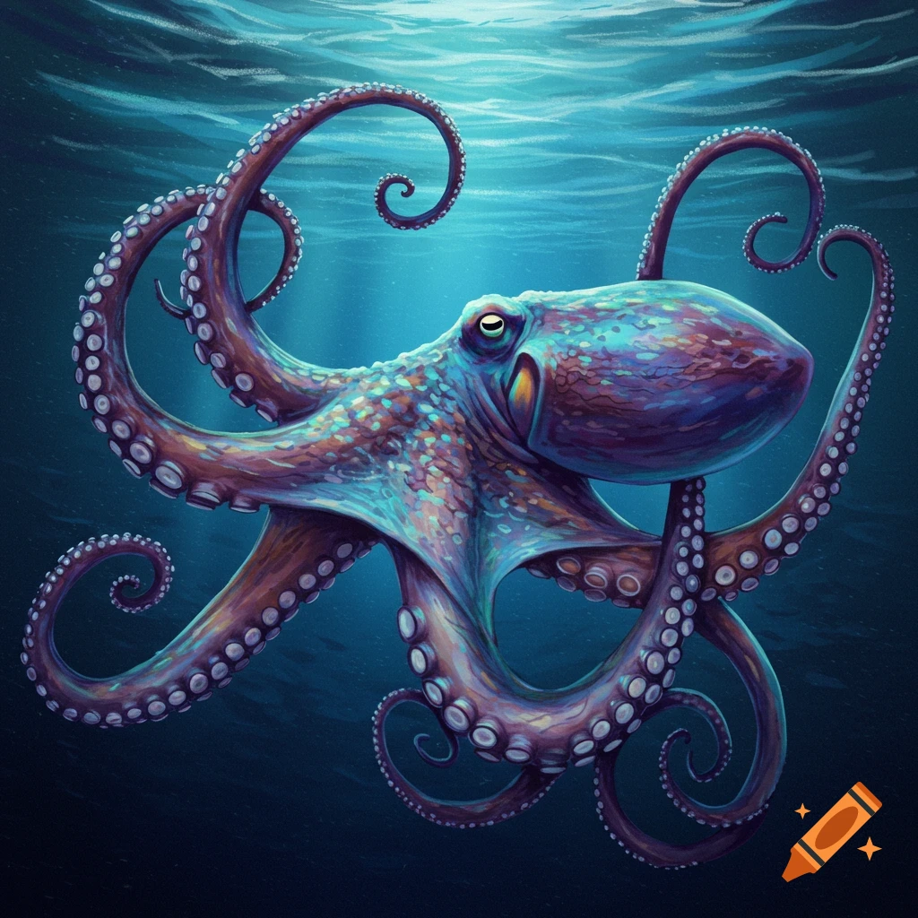 Drawing of a colorful octopus swimming underwater with tentacles curving upwards, sunlight filtering from above.