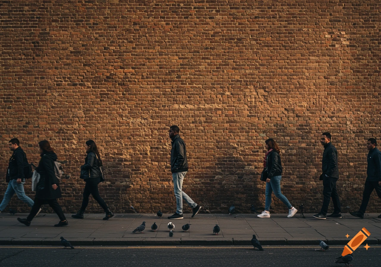 People walk along a sidewalk in front of a brick wall in a city.