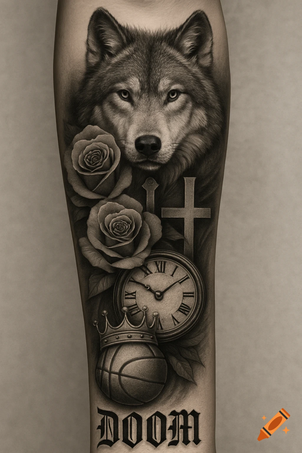 Realistic black and white forearm tattoo design with wolf head, roses, cross, clock, basketball with crown, and 'DOOM'.