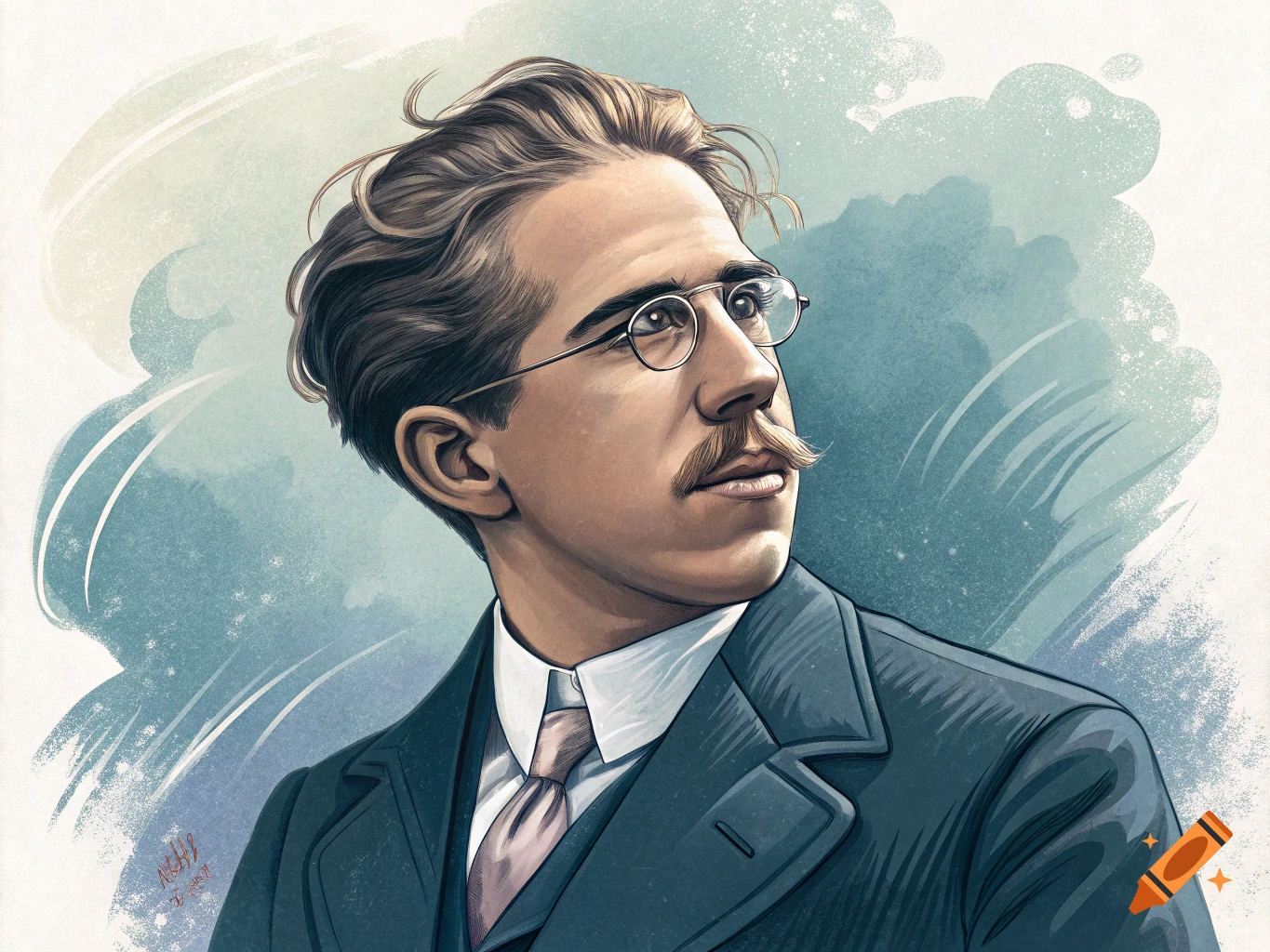 Illustration of a man resembling Niels Bohr, with a mustache and glasses, wearing a suit, looking upwards.
