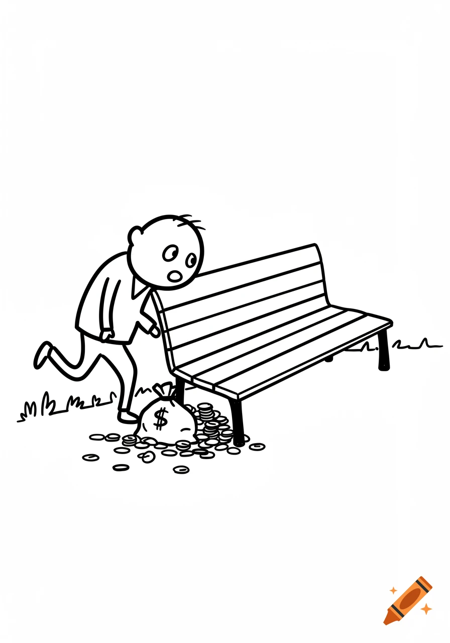 A stick figure finds a bag of money near a park bench. Simple black and white line drawing.