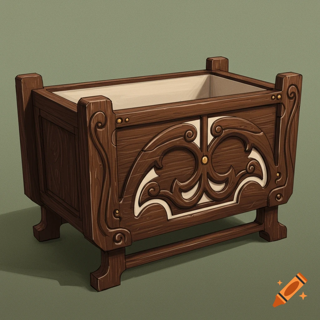 An ornate wooden cache pot with carved details and a creamy white interior.