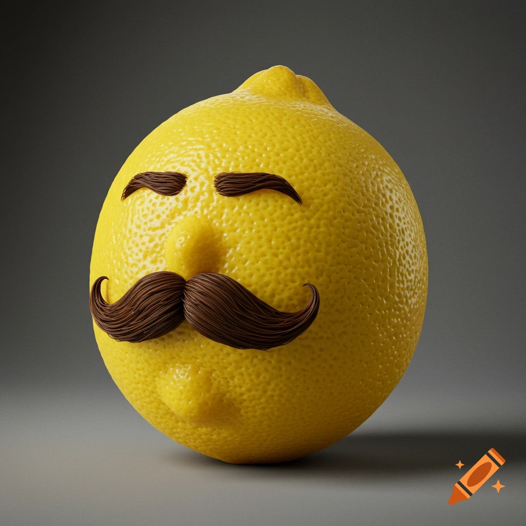 A yellow lemon with a large brown moustache and eyebrows on a grey background.