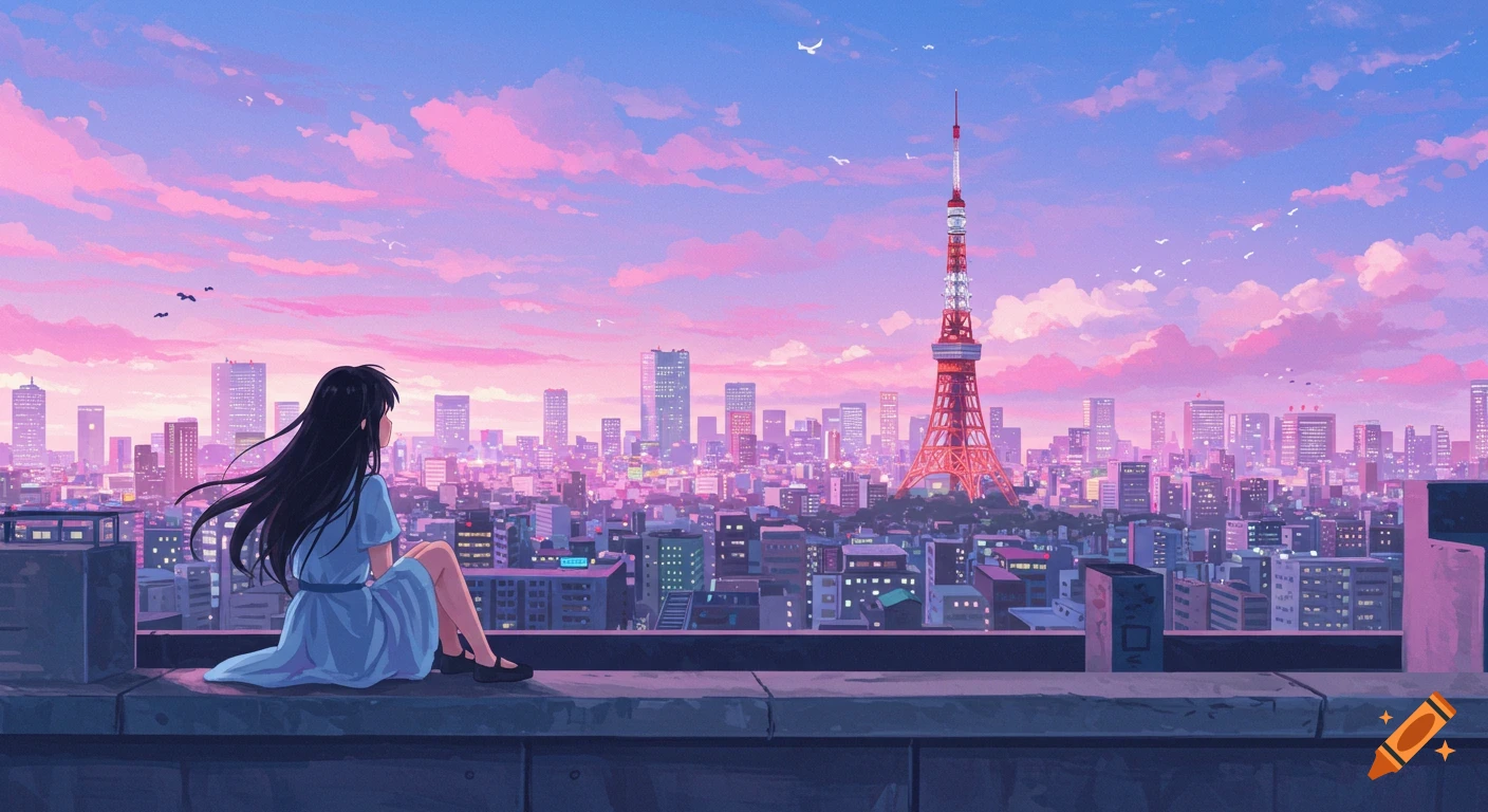 Anime girl sits on a rooftop overlooking the Tokyo cityscape under a pink and purple sunset sky.