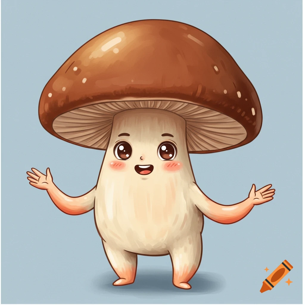 Cartoon mushroom character with face, arms, and legs.