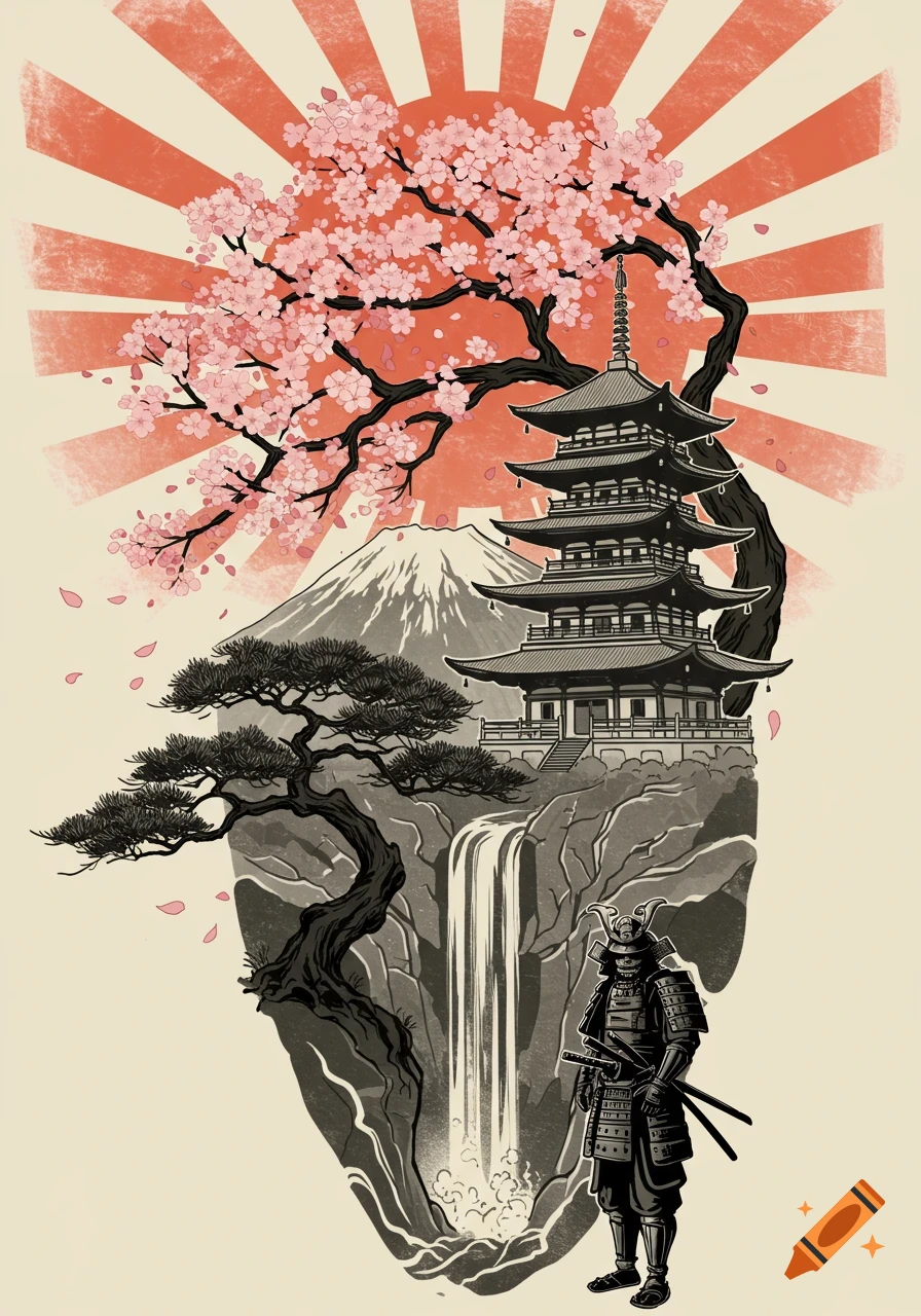Stylized Japanese landscape with samurai, pagoda, cherry tree, waterfall, and mountain against a rising sun.