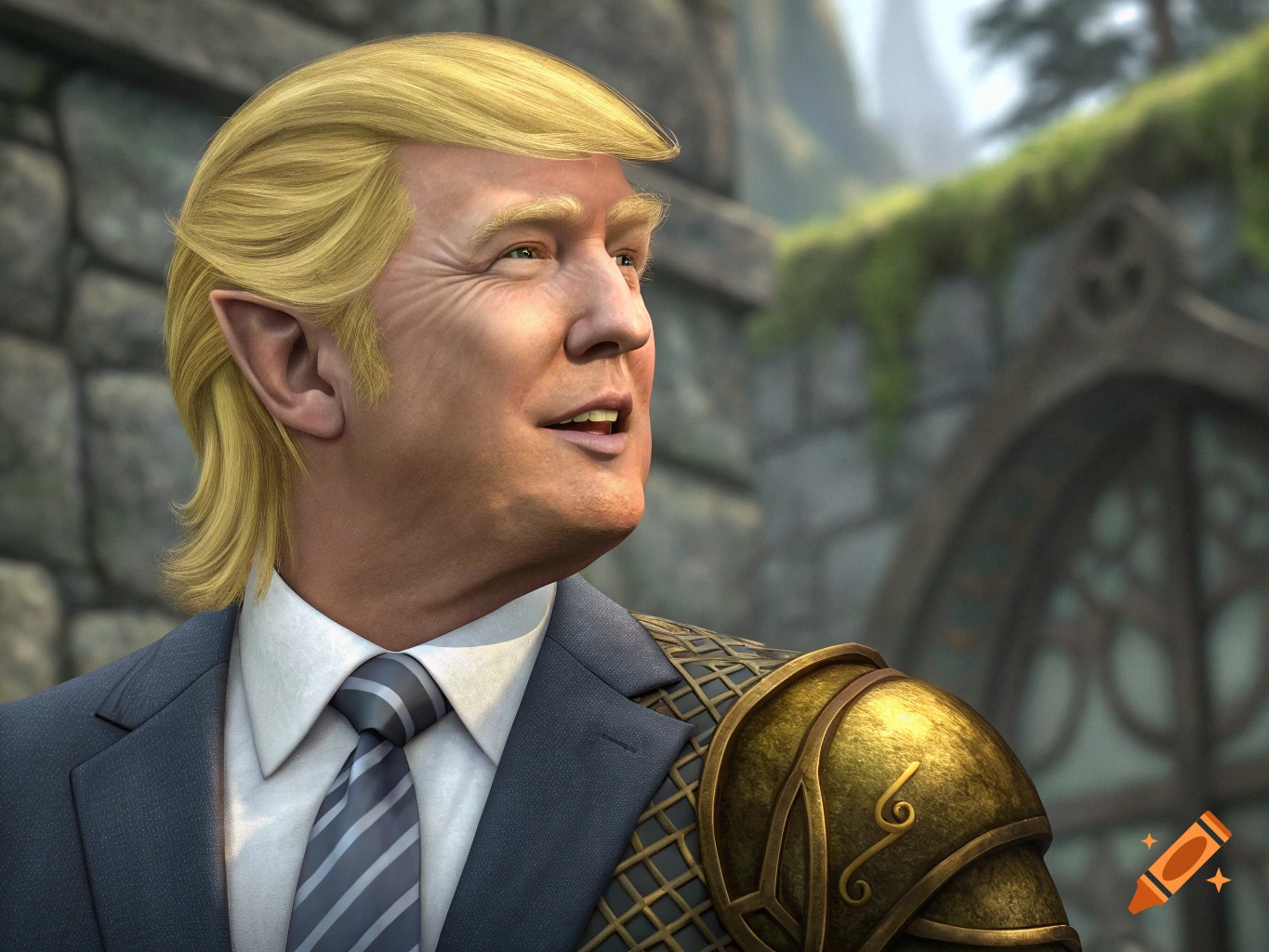 Stylized rendering of Donald Trump as a fantasy elf in a suit and armor.