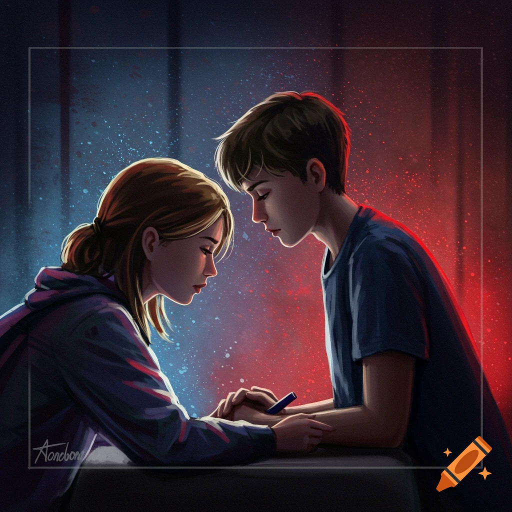 Digital painting of a young couple holding hands, looking down solemnly under red and blue lighting.