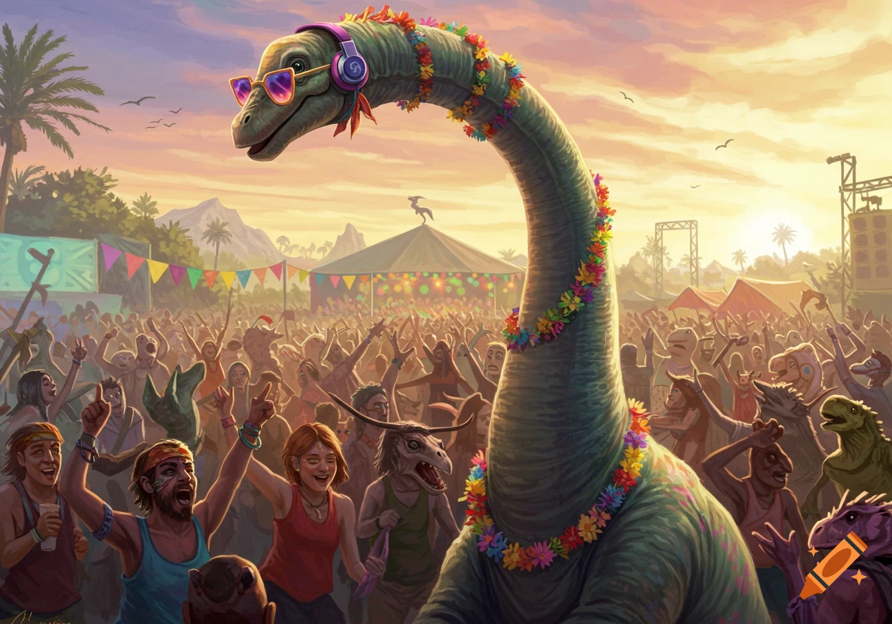 Illustrated brontosaurus in sunglasses and headphones at a music festival.