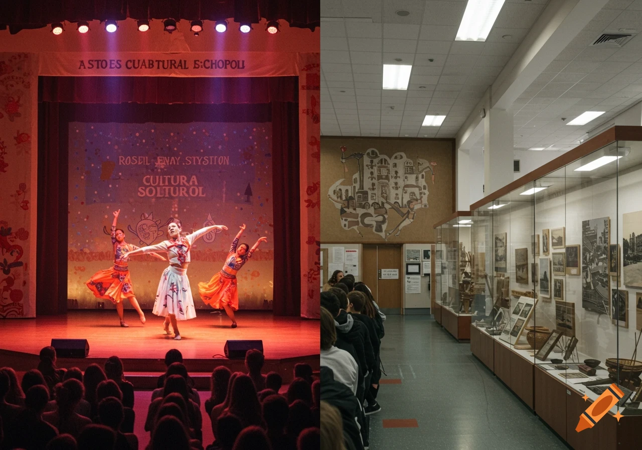 Split image of dancers on a stage and people viewing exhibits in a museum.