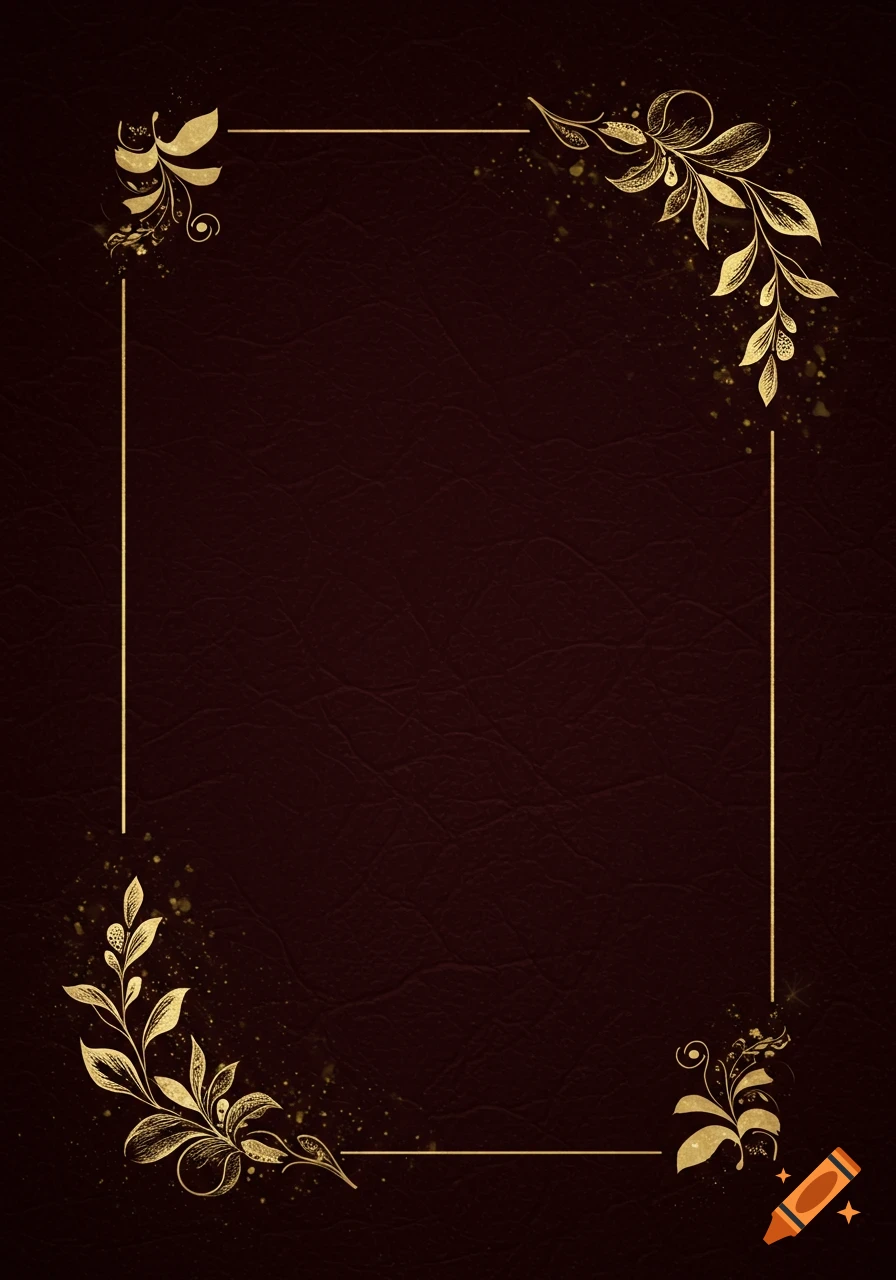Dark burgundy background with a golden rectangular frame adorned with golden floral designs and sparkles in the corners.