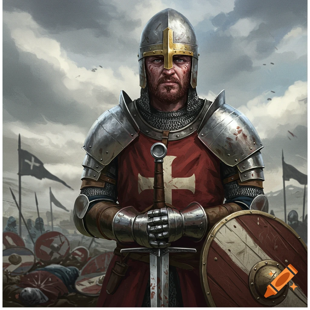 Close-up of a weathered medieval soldier in armor with sword, standing on a battlefield under cloudy sky, fantasy art.