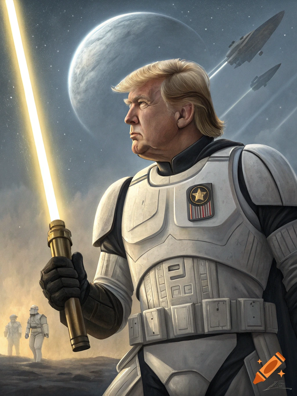 Man resembling Donald Trump in sci-fi armor holds a lightsaber on an alien planet with spaceships and other figures.