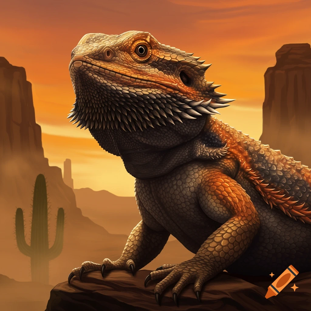 Illustration of a bearded dragon in a desert at sunset.