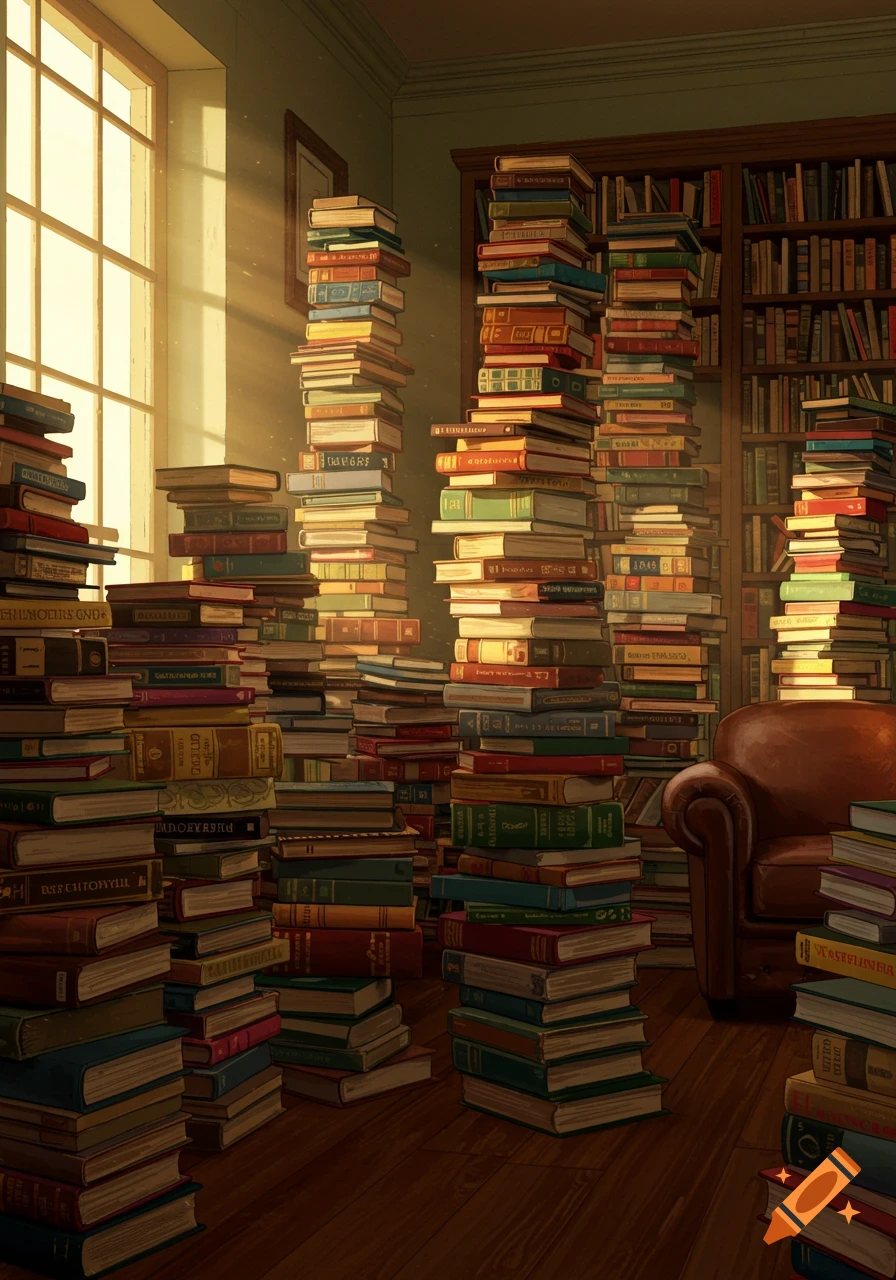 A room with sunlight streaming through a large window, illuminating towering stacks of books piled on the floor and shelves.