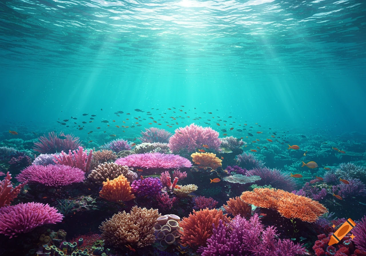 A vibrant underwater coral reef with colorful coral and fish, with sun rays filtering from the surface.
