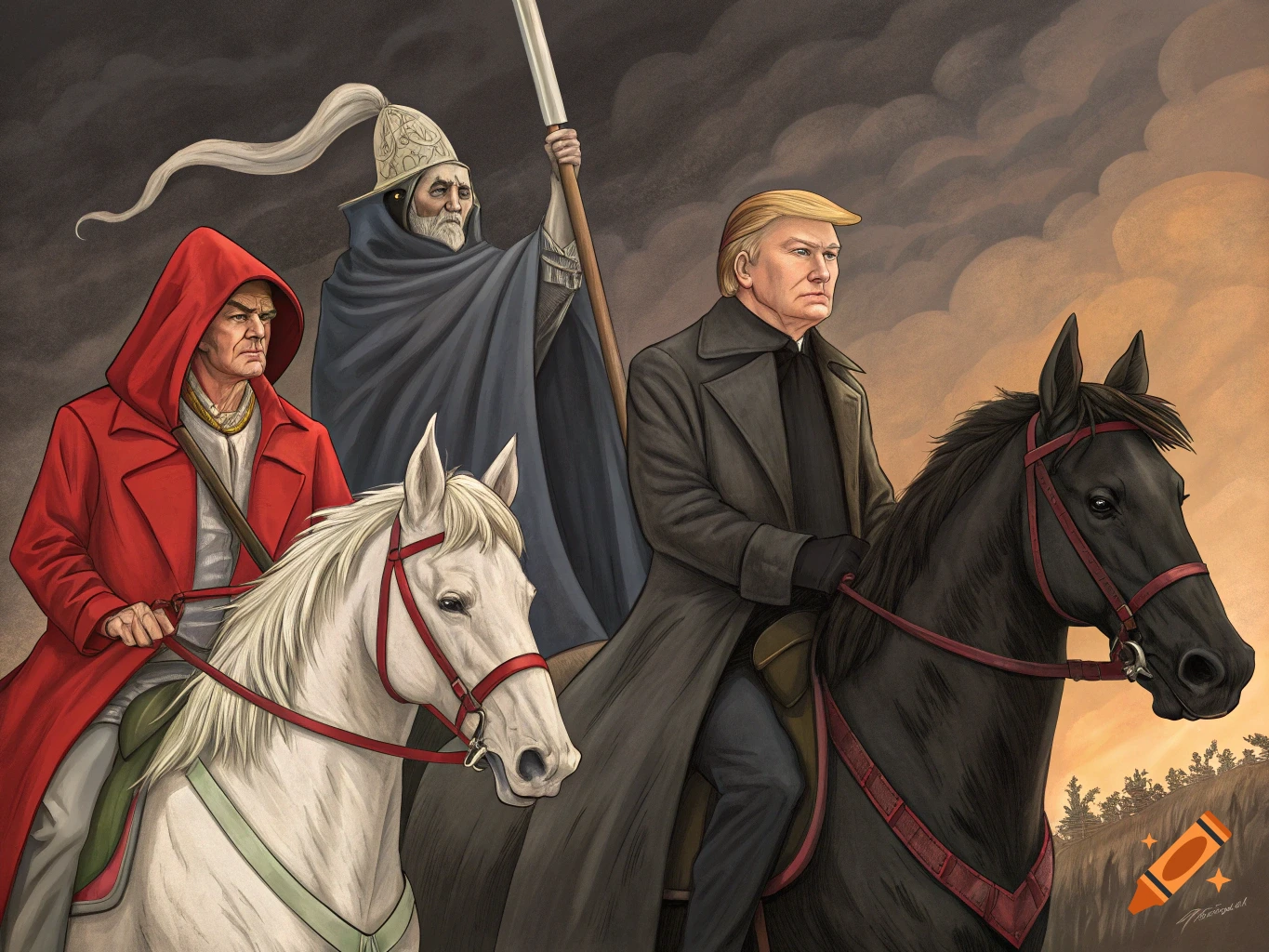 Illustration of three figures on horses, one resembling Donald Trump, in a historical/fantasy style.