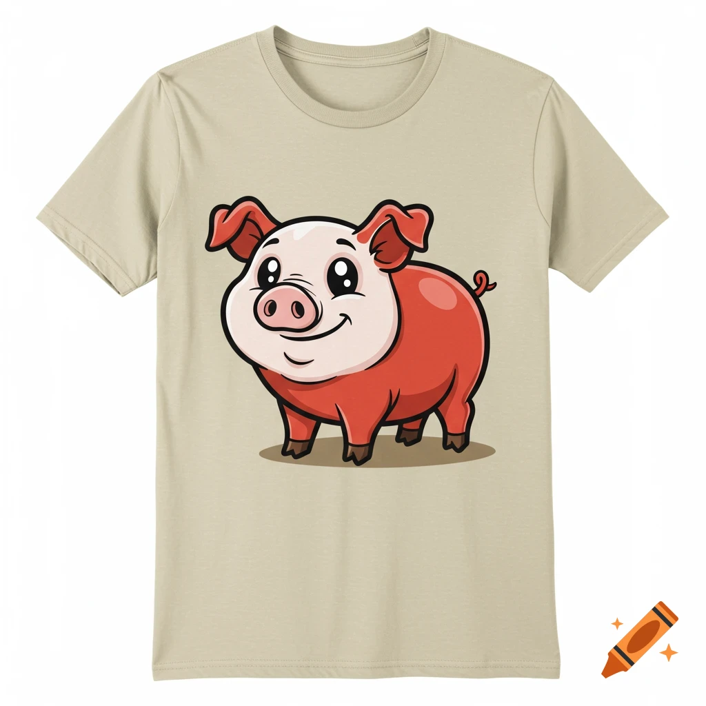 A cartoon pig with pink skin and red patches stands on a tan t-shirt.