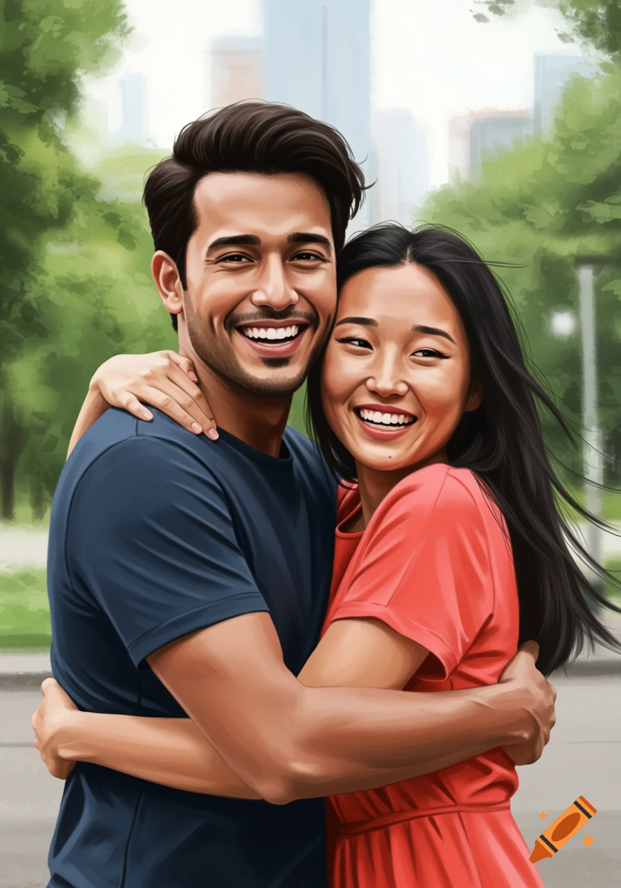 Painting of an overjoyed man and woman hugging and smiling warmly outdoors.