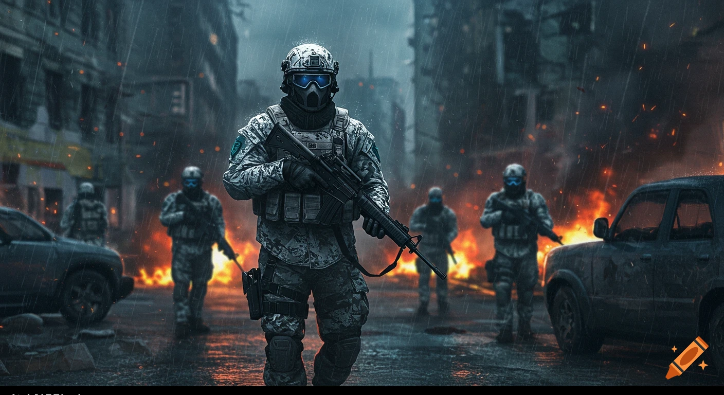 Digital illustration of soldiers in tactical gear walking through a destroyed city in the rain.