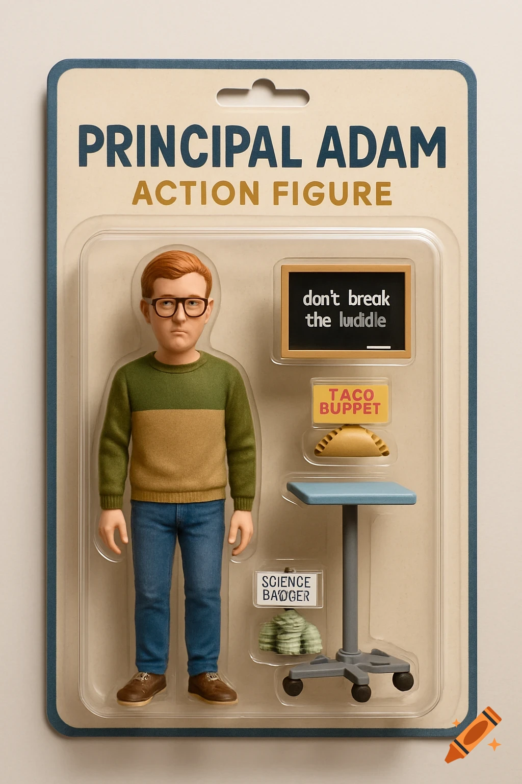 Principal Adam action figure in retail packaging with accessories including a mini chalkboard, taco sign, podium, and money pile.