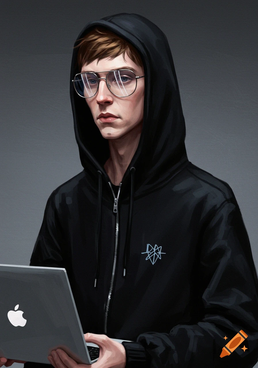 Digital painting of a person in a black hoodie and glasses holding a laptop.