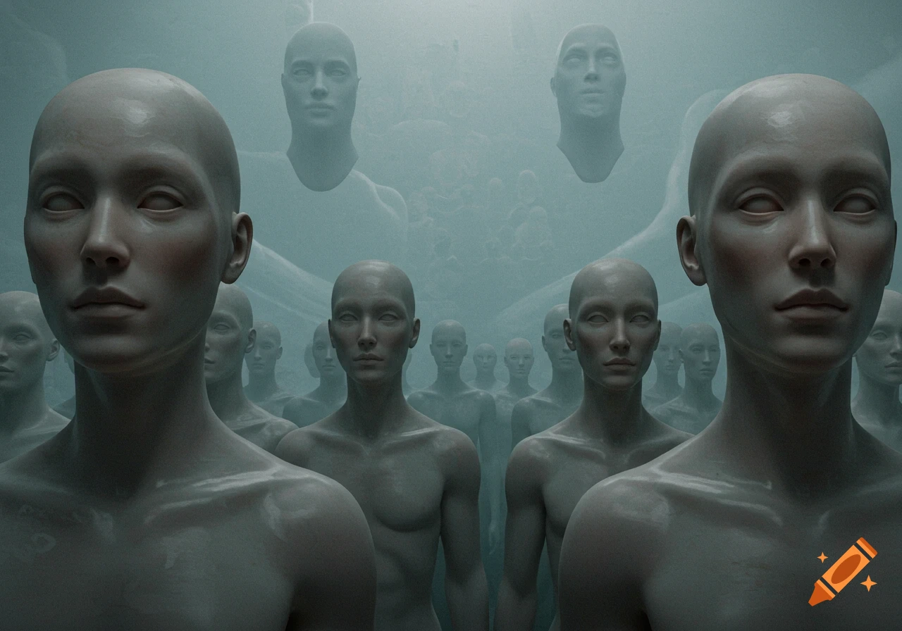 A surreal, misty scene filled with bald figures with blank eyes.