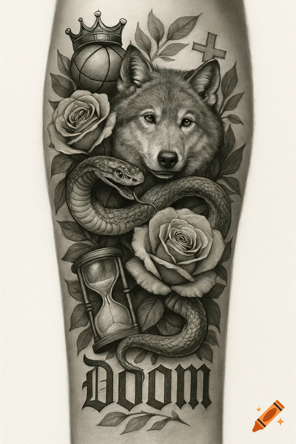Black and white tattoo design with a wolf head, snake, roses, hourglass, basketball with crown, cross, and the text 'DOOM'.