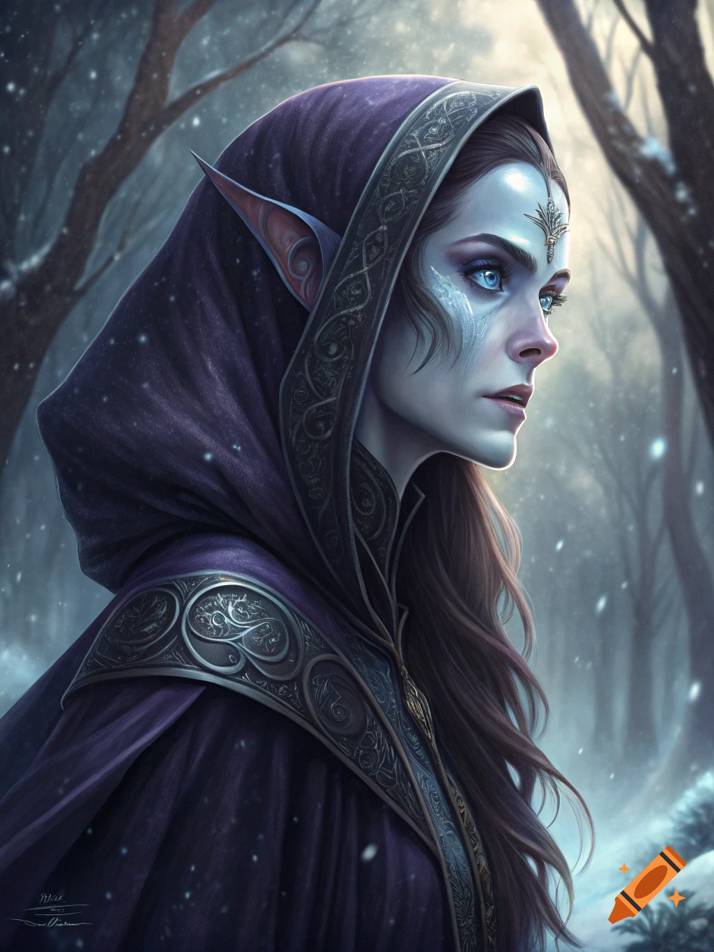 Portrait of a female elf in a purple hood in a snowy forest on Craiyon