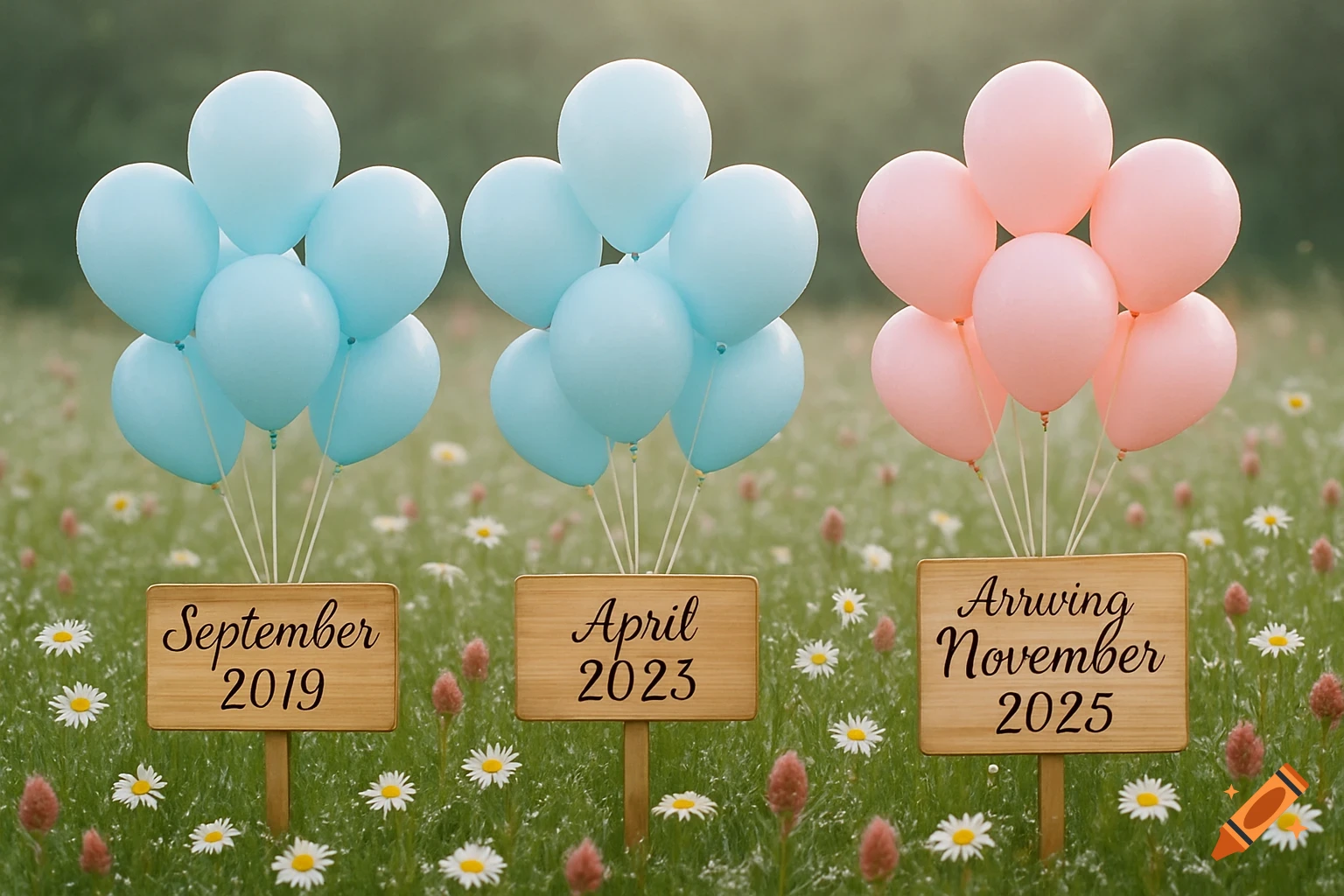 Three bunches of balloons (blue and pink) with signs indicating dates in a grassy field.