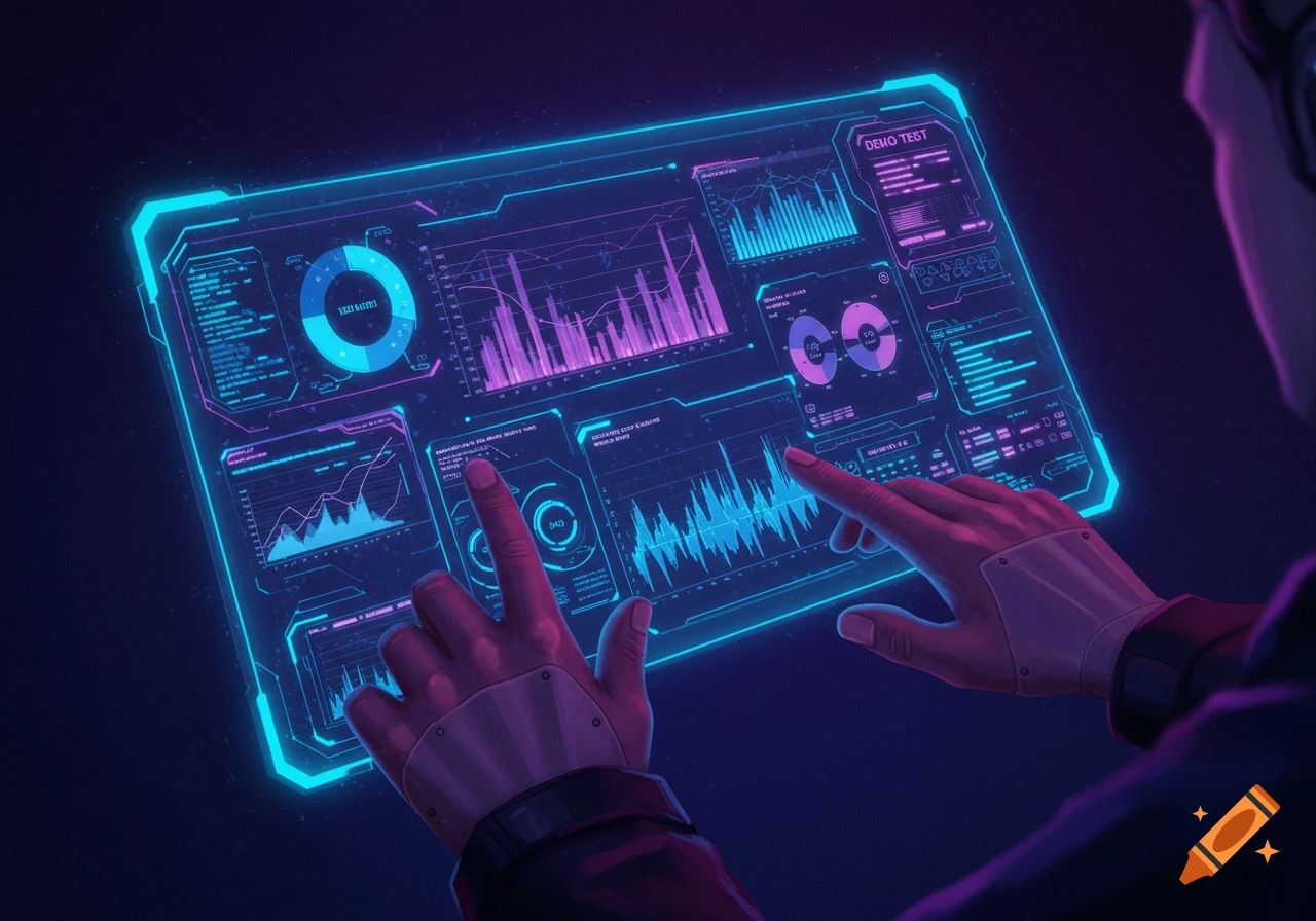 Hands interact with a futuristic holographic display showing blue and purple data charts and graphs.
