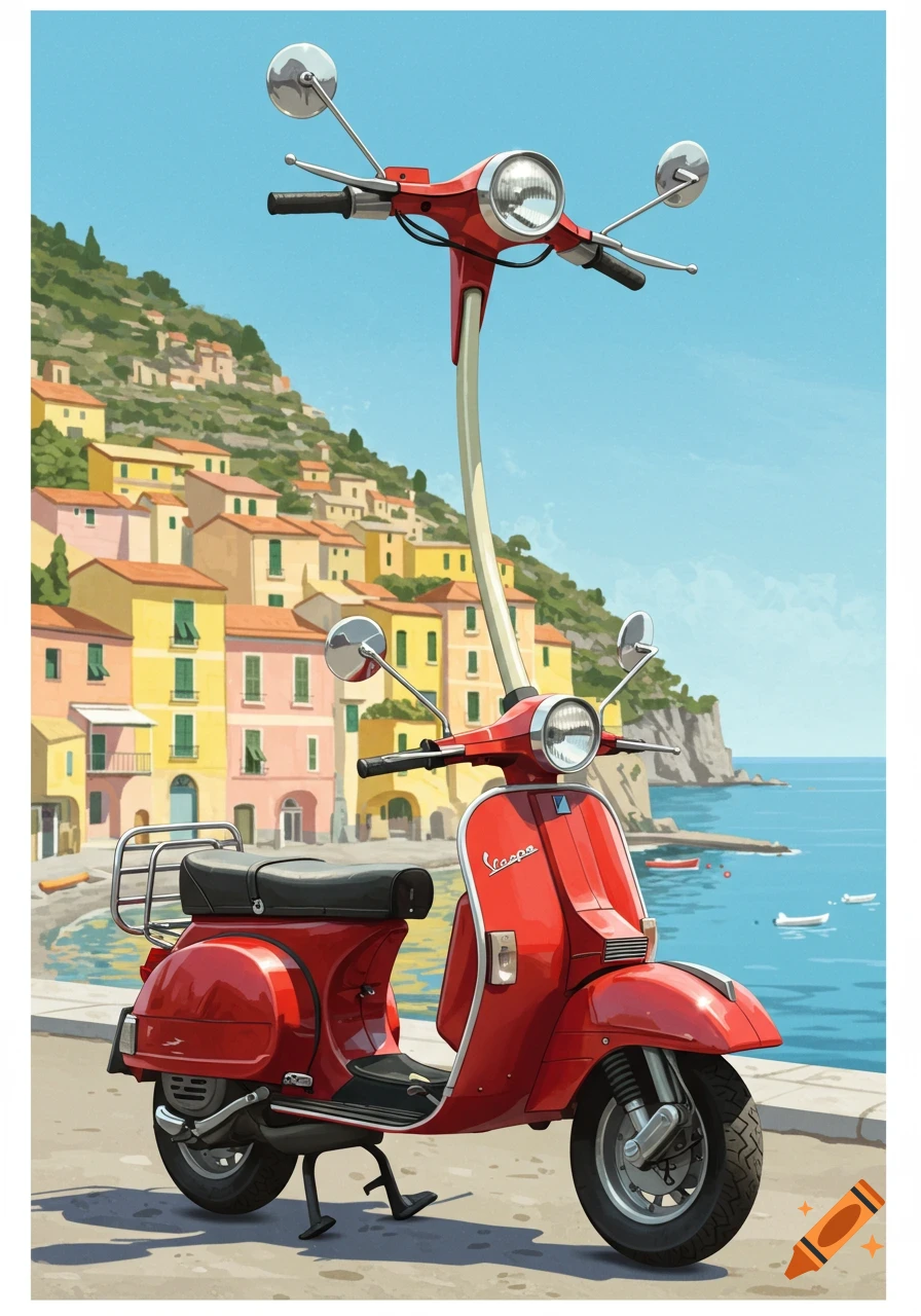 A red Vespa scooter with very tall handlebars is parked on a street overlooking a colorful coastal town and the sea.