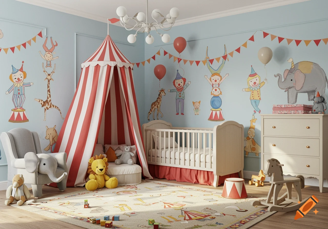 Circus themed child's nursery with a crib, tent, stuffed animals, and wall decals
