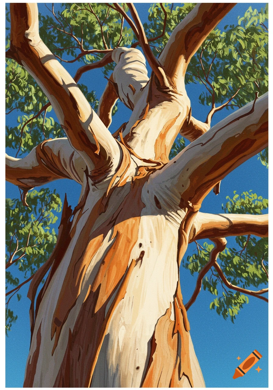 Low-angle painting of a gum tree trunk with peeling bark against a blue sky.