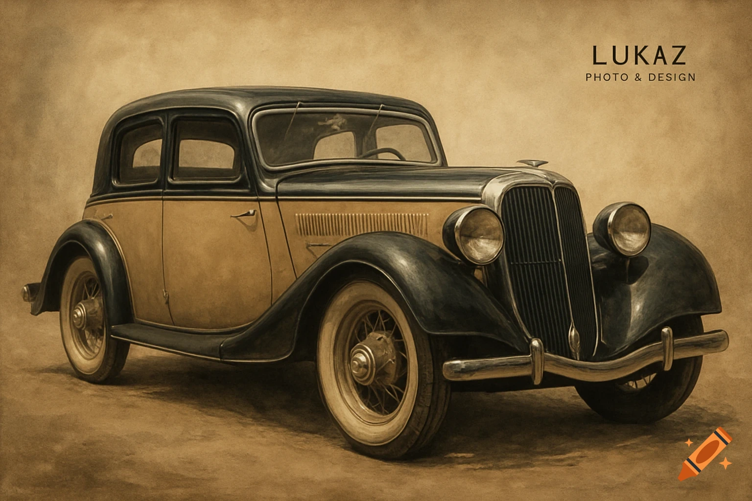 A vintage two-tone car with white wall tires in a sepia-toned, painterly style.