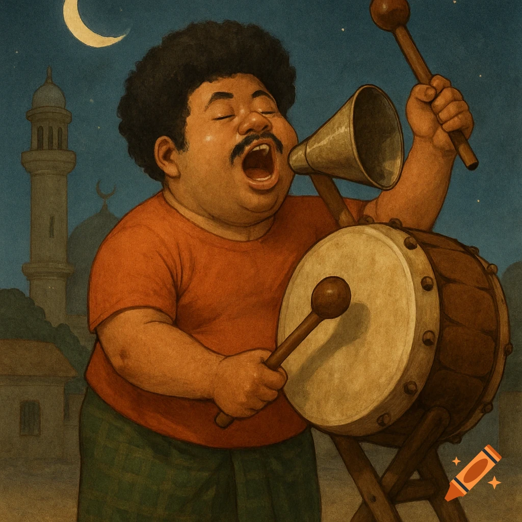Illustration of a man singing into a megaphone and playing a drum with a mosque and moon in the background.
