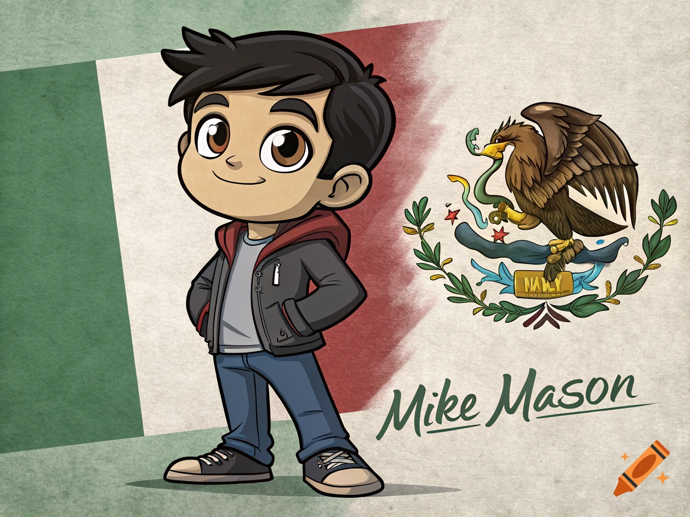 Cartoon boy named Mike Mason stands in front of the Mexican flag and coat of arms.