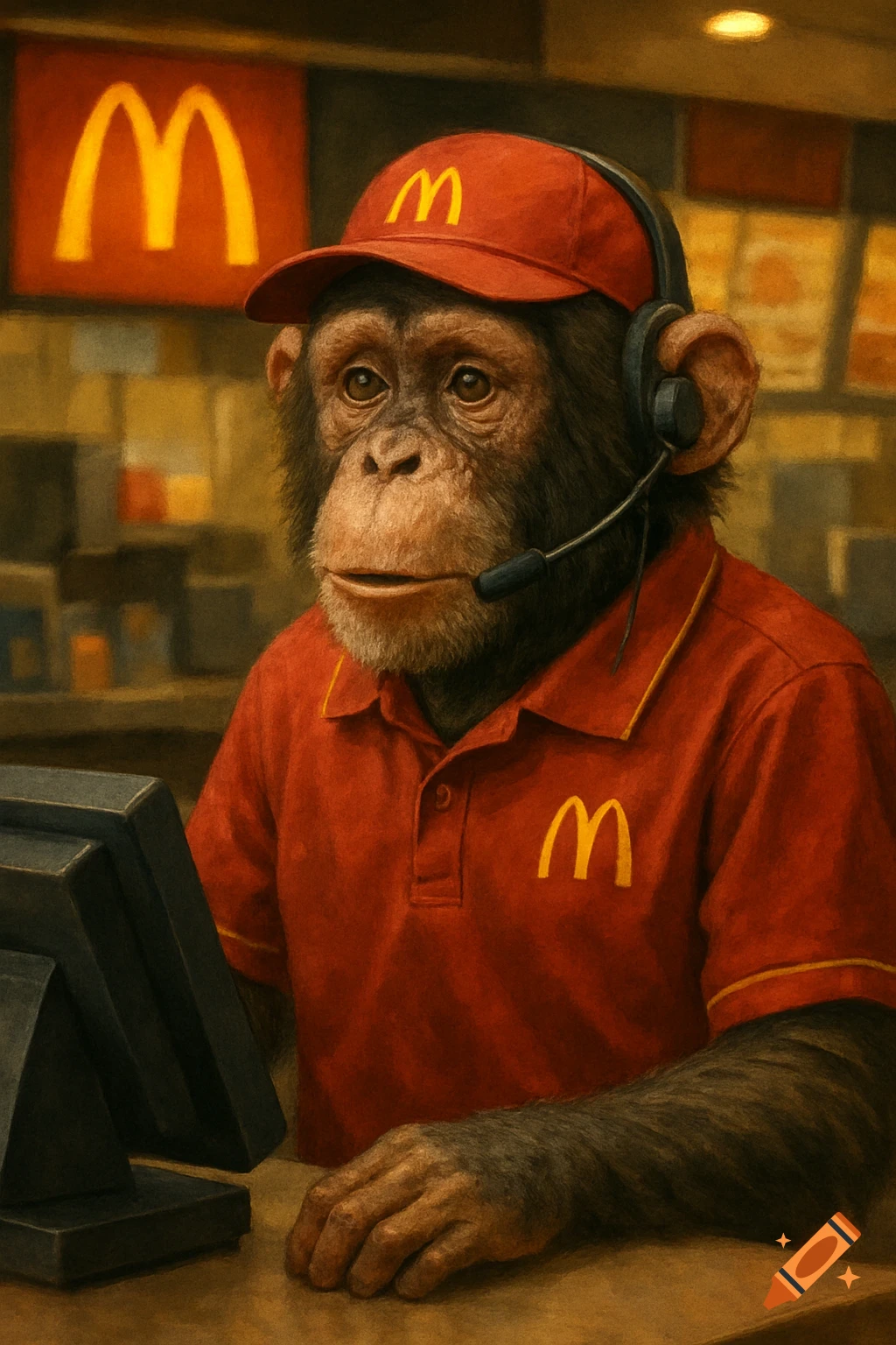 Realistic digital painting of a monkey wearing a red McDonald's uniform and headset, working at a counter.
