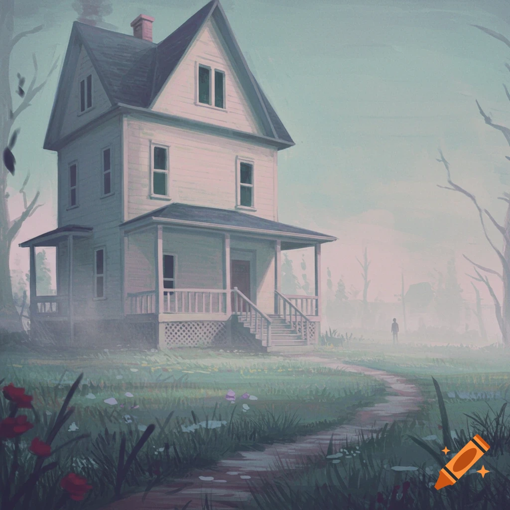 A white house with a porch stands in a misty, overgrown field. A path leads towards it, and a figure stands in the distance.