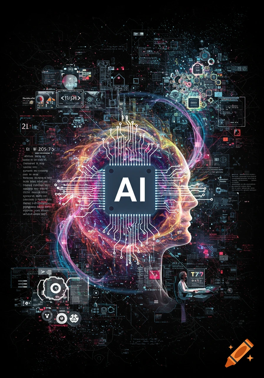 Digital illustration of a head silhouette filled with circuitry and data, containing a chip labeled AI, against a complex technological background.