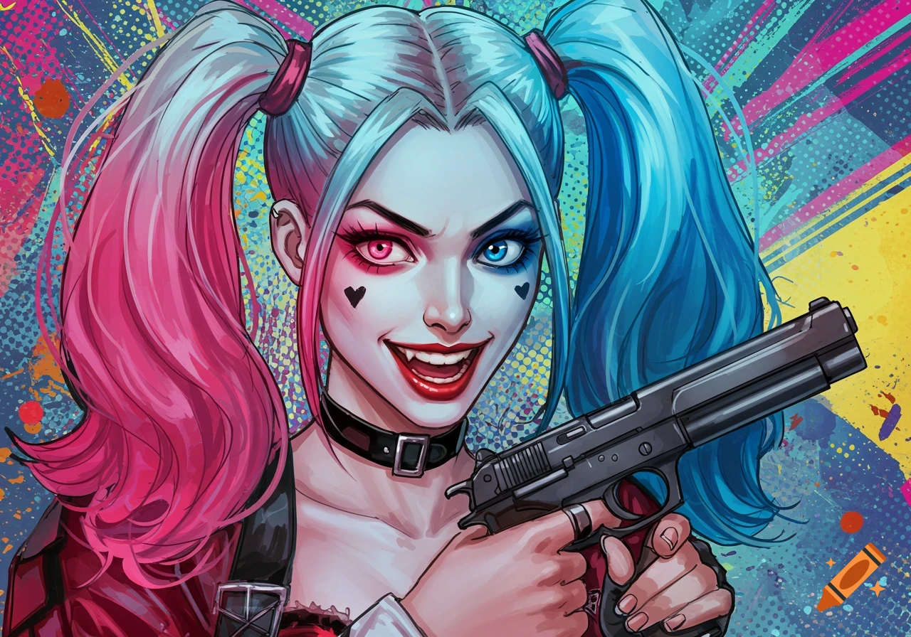 Illustration of Harley Quinn with pink and blue pigtails, holding a gun, against a colorful, abstract background.