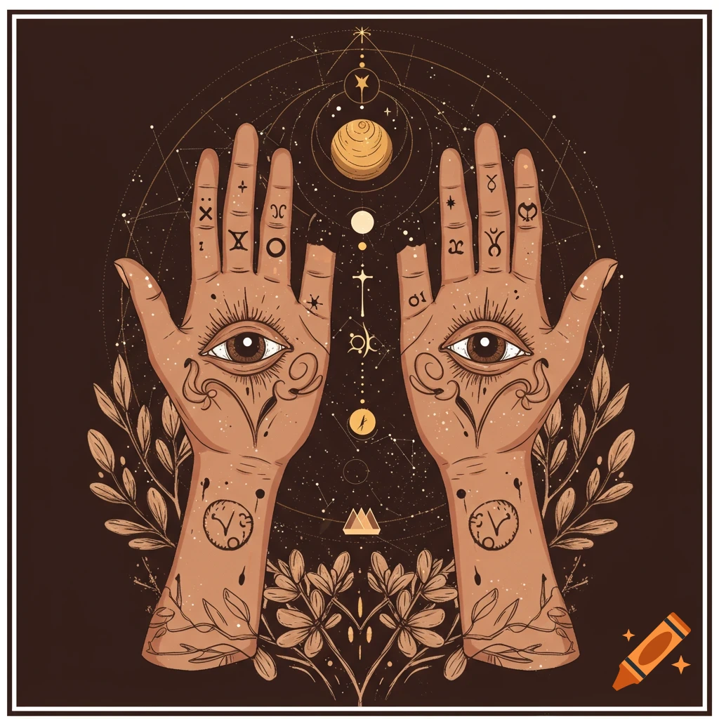 Stylized artwork of two hands with eyes in the palms, covered in symbols, surrounded by cosmic and floral elements.