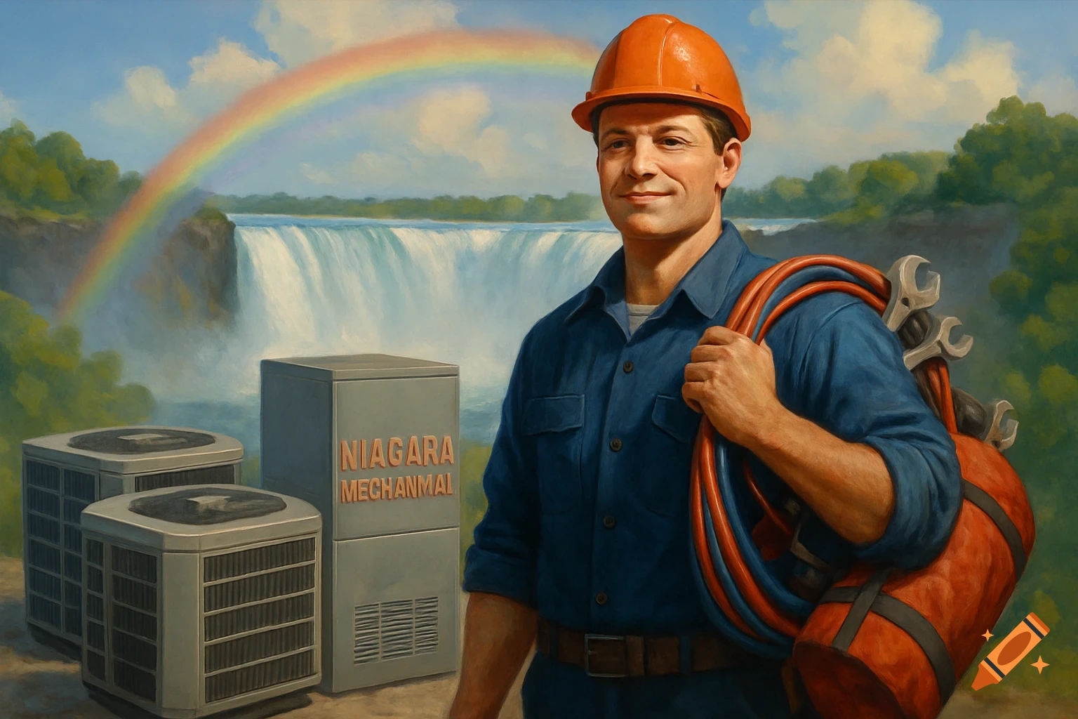 Painting of man in hard hat with HVAC units by Niagara Falls under rainbow