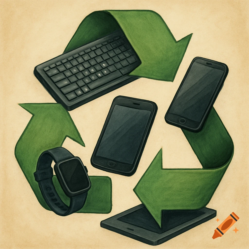Colored pencil illustration of a green recycling symbol containing a keyboard, smartphones, smartwatch, and tablet.