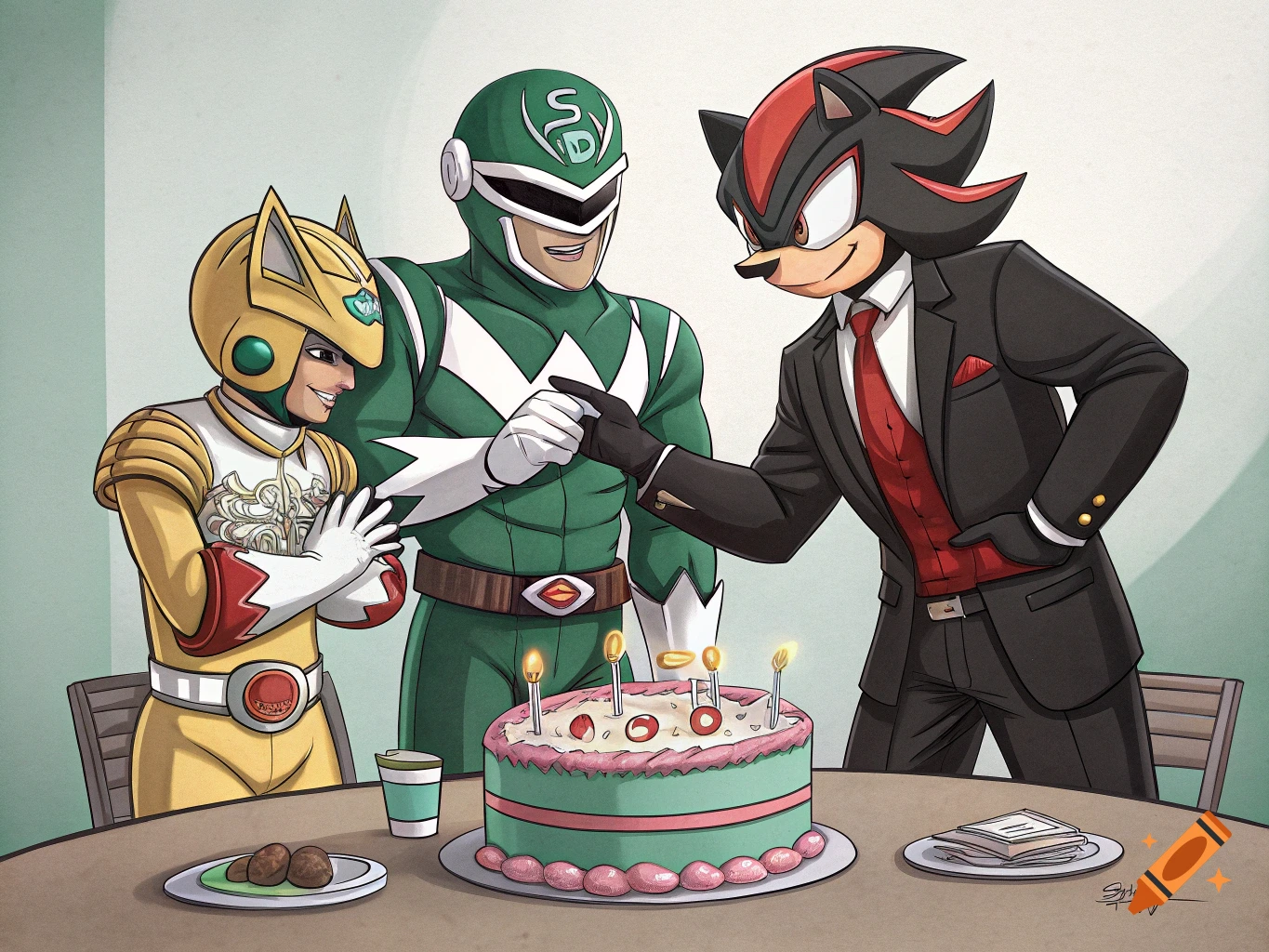 Green and yellow Power Rangers and Shadow the Hedgehog in a suit gather around a birthday cake. Cartoon style.